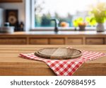 Kitchen wooden table product display in interior.