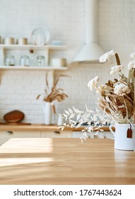 Kitchen Wooden Table Top And Kitchen Blur Background Interior Style Scandinavian