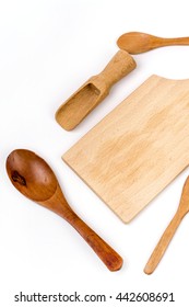 Kitchen Wooden Utensils Flat Lay Over White Background