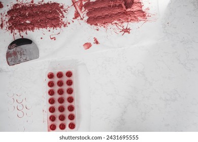 Kitchen work surface. Pink chocolate is poured into a plastic mold. Thickened chocolate spill.
