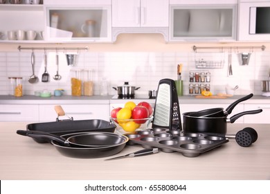 Kitchenware for cooking classes on wooden table - Shutterstock ID 655808044