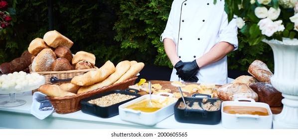 Kitchenware In The Line Catering Buffet Food In Luxury Outdoor Restaurant.