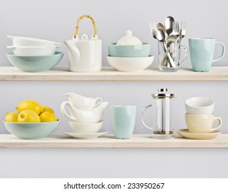 Kitchenware on wooden shelves - Shutterstock ID 233950267
