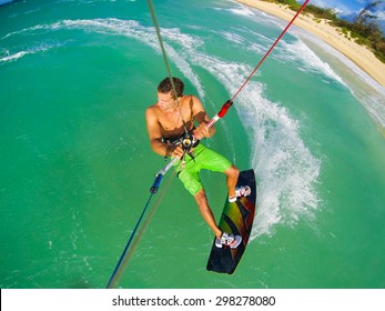 Kite Boarding. Fun In The Ocean, Extreme Sport. POV View From Action Camera.