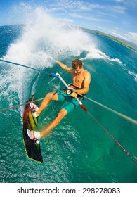 Kite Boarding. Fun In The Ocean, Extreme Sport. POV View From Action Camera.