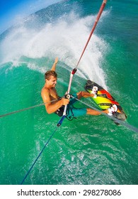 Kite Boarding. Fun In The Ocean, Extreme Sport. POV View From Action Camera.