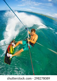 Kite Boarding. Fun In The Ocean, Extreme Sport. POV View From Action Camera.