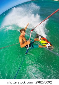 Kite Boarding. Fun In The Ocean, Extreme Sport. POV View From Action Camera.