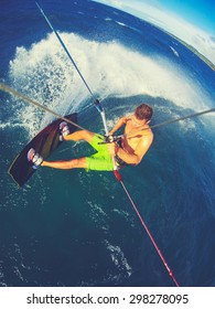 Kite Boarding. Fun In The Ocean, Extreme Sport. POV View From Action Camera.