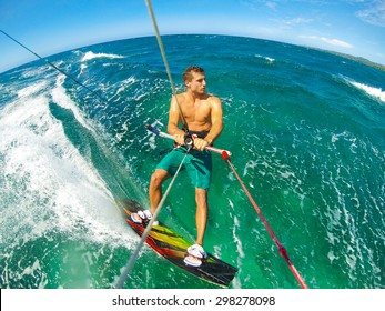 Kite Boarding. Fun In The Ocean, Extreme Sport. POV View From Action Camera.