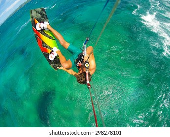 Kite Boarding. Fun In The Ocean, Extreme Sport. POV View From Action Camera.