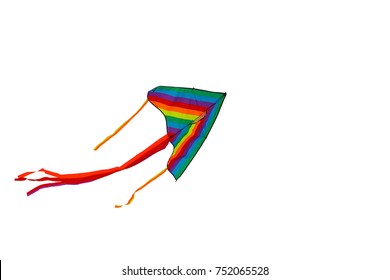 Kite Isolated On White. Fancy Kites. Rainbow Kite Flying In Sky With Clouds. Freedom And Summer Holiday Concept.