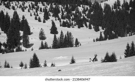 Kite Skiing. Photo During The Day In A Beautiful Winter Setting.