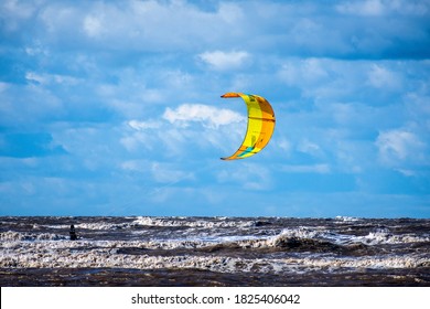 Kite Surfing At Ainsdale Beach Near Southport, UK.