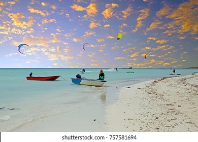 Kite Surfing At Aruba Island In The Caribbean Sea 