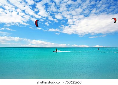 Kite Surfing At Aruba Island In The Caribbean Sea