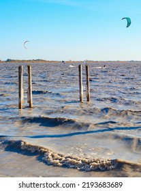 Kite Surfing On Lake Waves In Sunset Light, Seascape, Neusiedler See, Austria