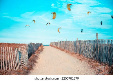 Kite Surfing On The Wind At The Blue Sky Above The Sand Beach Path. Copy Space. Extreme Summer Water Sports Background