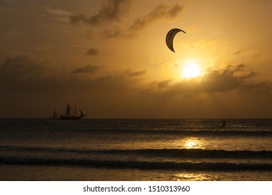 Kite Surfing At Sunset, Aruba, Caribbean Sea