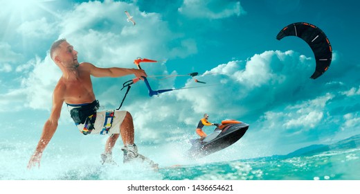 Kite Surfing And Water Scooter In Tropical Ocean.