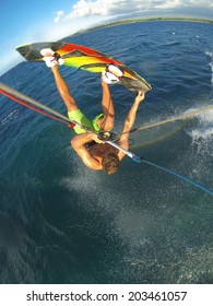 Kiteboarding, Fun In The Ocean, Extreme Sport. Action Camera POV Angle With Motion Blur.