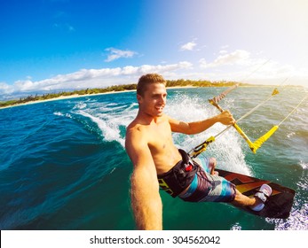 Kiteboarding. Fun In The Ocean, Extreme Sport Kitesurfing. POV Angle With Action Camera 