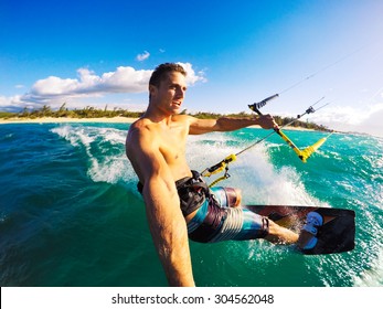 Kiteboarding. Fun In The Ocean, Extreme Sport Kitesurfing. POV Angle With Action Camera 