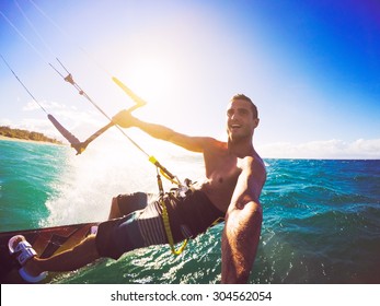 Kiteboarding. Fun in the ocean, Extreme Sport Kitesurfing. POV Angle with Action Camera 