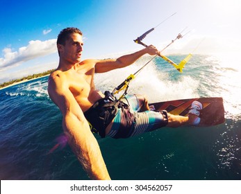 Kiteboarding. Fun In The Ocean, Extreme Sport Kitesurfing. POV Angle With Action Camera 