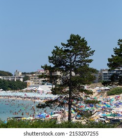 Kiten, Burgas Province, Bulgaria. 01.08.2021. Holidaymakers, on the Black Sea coast. People sunbathe on the beach and swim in the sea.