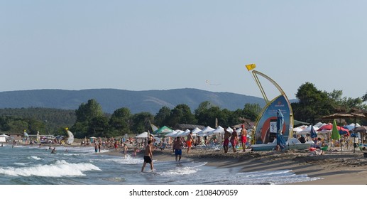 Kiten, Burgas Province, Bulgaria. 29.07.2021. Holidaymakers, on the Black Sea coast. People sunbathe on the beach and swim in the sea.
