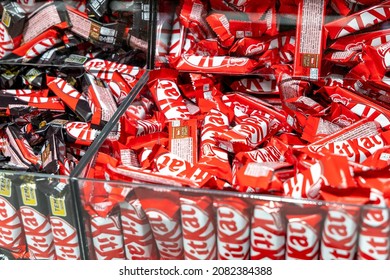 KitKat Candy Bars. Delicious Sweet Chocolate Bars In A Glass Box Are Sold At The Grocery Store. Moscow, Russia - September 10, 2020