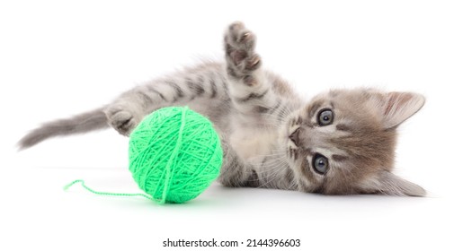 Kitten With Ball Of Yarn Isolated On White Background.