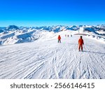 Kitzbuhel in Kitzbühel Alps region Tyrol, Austria - Skier on ski slope in ski resort in Austrian Alps