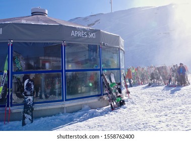 Kitzsteinhorn, Salzburger Land, Austria - November 10, 2019: Apres Ski Bar At The Alpine Center On 2500 Meters, Sunny Day