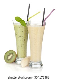 Kiwi And Banana Milk Smoothie. Isolated On White Background