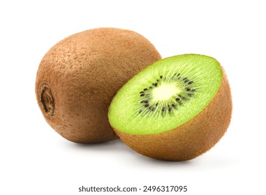 Kiwi fruit with cut in half isolated on white background.