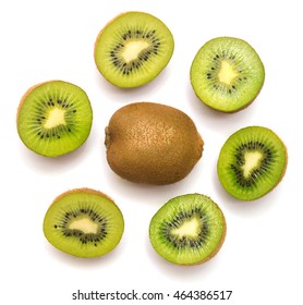 Kiwi Fruit Isolated On White Background. Kiwi Collection. Top View, Flat