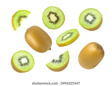 Kiwi fruit (kiwifruit) with cut sliced floating in the air isolated on white background.