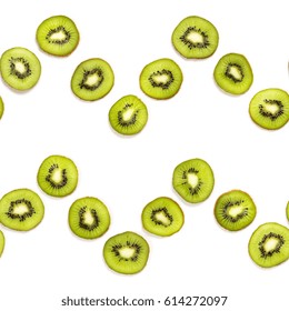 Kiwi fruit slice in zigzig seamless pattern. Colorful food pattern for background. Isolated on white. Top view or flat lay.