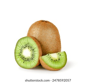 Kiwi fruit and slices isolated on a white background.