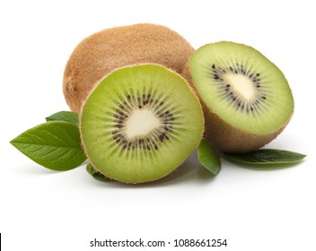 Kiwi fruit whole and sliced, isolated on white background. With green leaves. Close-up.