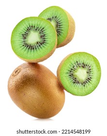 Kiwi fruits and kiwi slices flying in air isolated on white background.