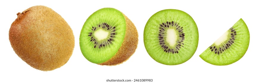 Kiwi with slices collection isolated on white background.