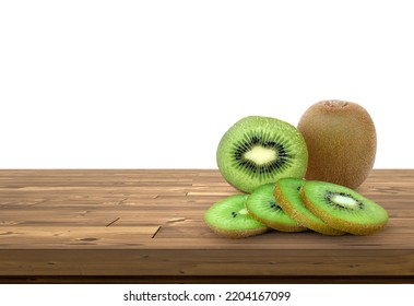 Kiwi splits kiwi pieces on a wooden floor. with space for text