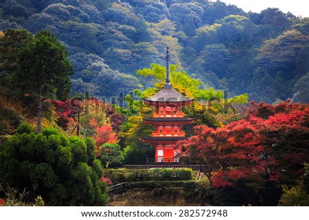 Kiyomizu-dera in autumn season,The leave change color of red castle in japan