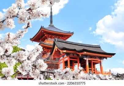 Kiyomizu-dera Temple (Clean Water Temple) And Blooming Sakura Branches. Spring Time In Kyoto, Japan. Sakura Blossom Season. Cherry Blooming Season In Asia. Japanese Hanami Festival 