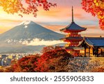 Kiyomizu-dera temple in Kyoto and mount Fuji at autumn sunset, Japan