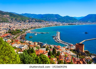 Kizil Kule or Red Tower and port aerial panoramic view in Alanya city, Antalya Province on the southern coast of Turkey