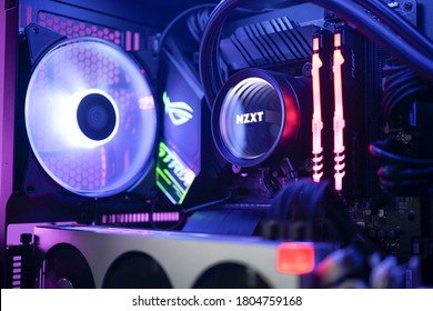 KL, MALAYSIA - August 28th, 2020 :                     A HTPC(Hackintosh PC) & Gaming PC Rig With Liquid Cooling Setup And Full RGB Light Inside 